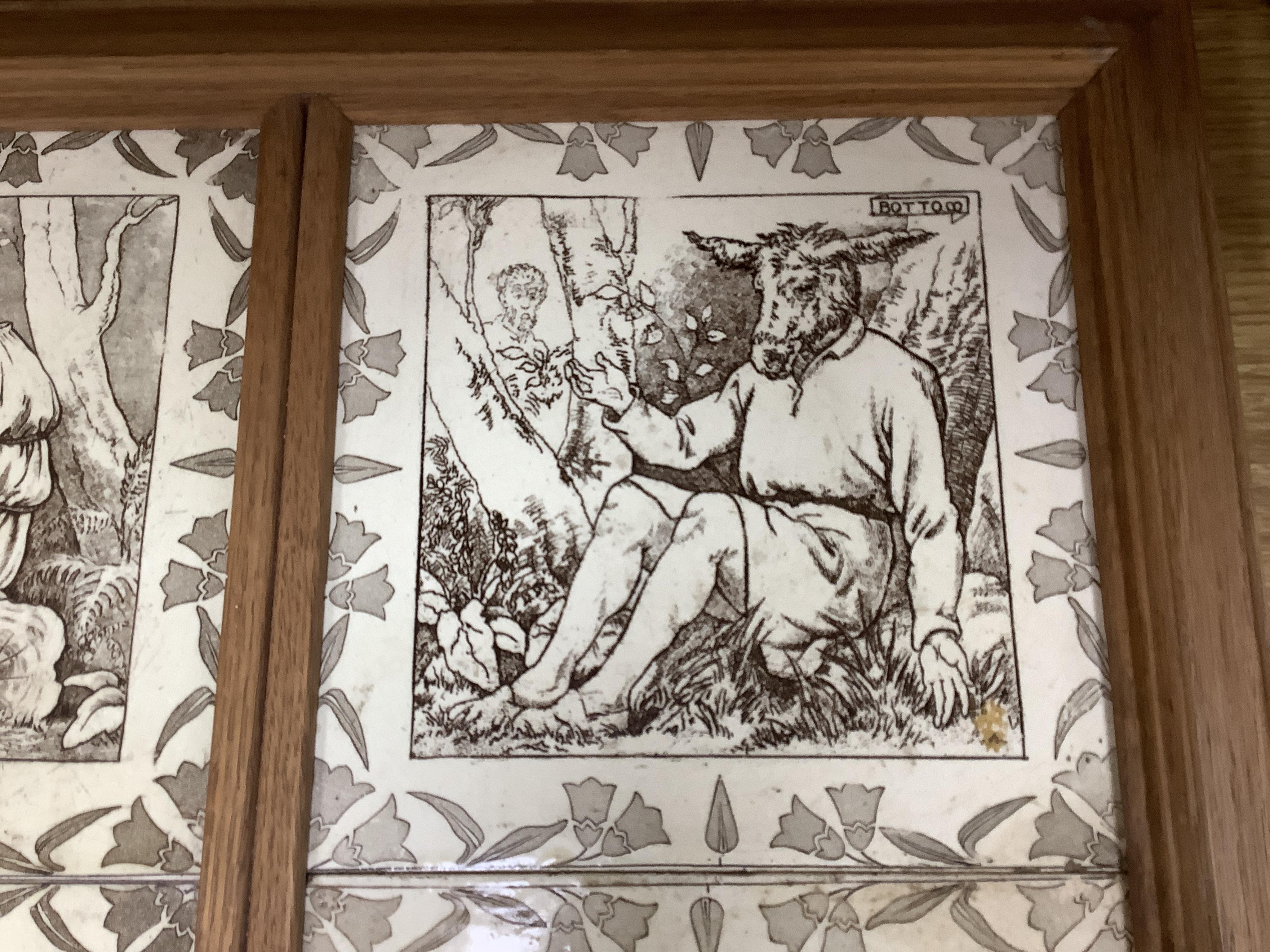 A set of six Wedgwood Midsummer Night’s Dream tiles, framed as one: Titania, Helena, Oberon, Bottom, Lysander and Peas Blossom, overall 48 x 73cm